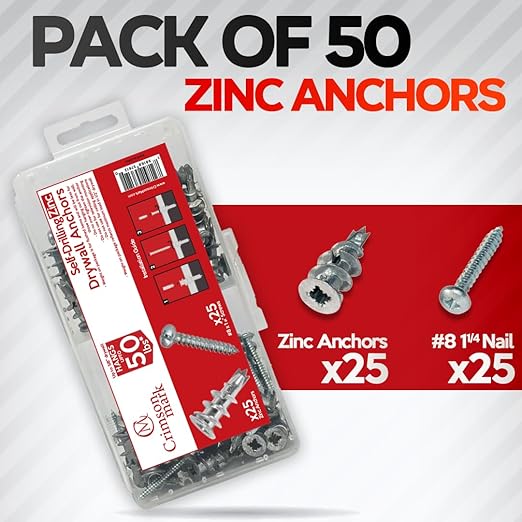 50Pcs Metal Self Drilling Drywall Anchors and Screws kit #8 x 1-1/4?? Superb Wall Anchors for Drywall, Holds Upto 50lbs ??No Drill Hole Required with These Dry Wall Screws and Anchors