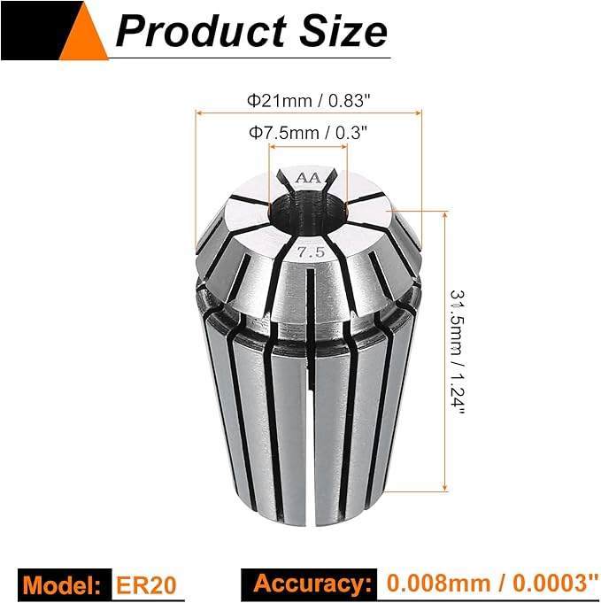 HARFINGTON Spring Collet Chuck ER20 7.5mm 65Mn Spring Steel Precision Router Collets for CNC Engraving Milling Lathe Tool