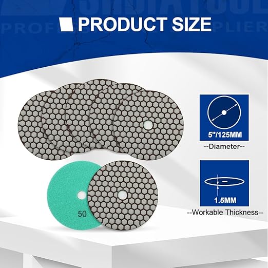 SHDIATOOL 5 Inch Dry Diamond polishing Pads Grit 50 for Granite Marble Quartz(7-Pack)
