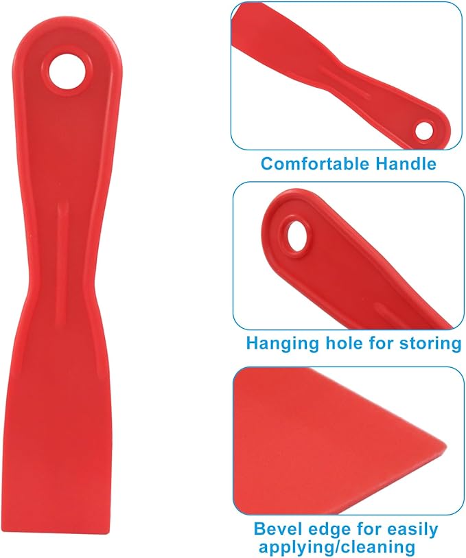 1.5 Inch Plastic Putty Knife Scraper, 5Pcs Flexible Spackle Knife for Spackling, Air Bubble Remover, Sticker Installation, Used for Repairing Walls, Pasting Plaster, Scraping Putty (Red)