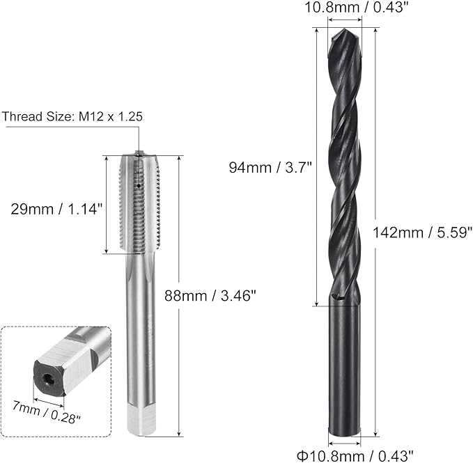 uxcell Metric Tap and Drill Bit Set, M12 x 1.25 Thread Tap & 10.8mm Black Oxide Twist Drill Bit, Straight Flute Tap Tapping Threading Repair Tool Kit