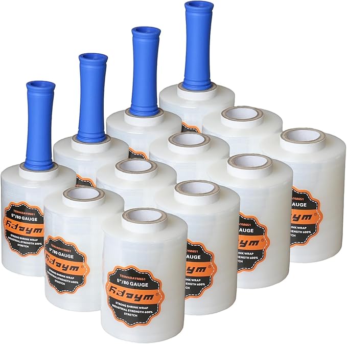 Stretch Film Shrink Wrap Roll - 5" x 1200' - 80 Gauge 600% Stretch Self-Adhering 5 inch Mini Plastic Wrap for Moving, Packing, Shipping, Furniture & Pallet Stabilization(12 Rolls)