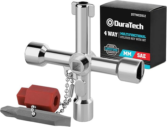 DURATECH 4 Way Sillcock Key with Bit, Multi-functional Water Key, Cross Key, 1-Pack, for Valve, Faucet, and Spigots
