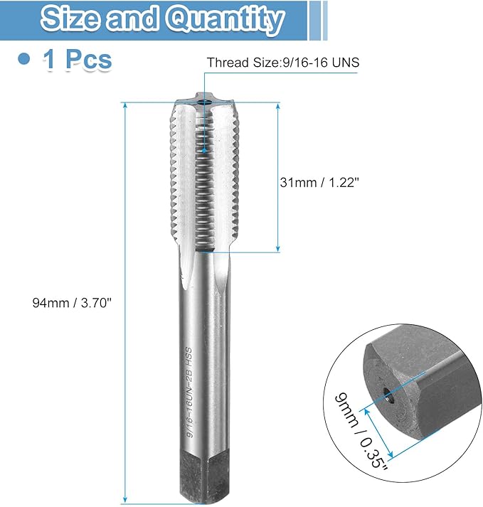 uxcell Hand Bottom Tap 9/16-16 UNS 2B Thread Bottoming Style Threading Taps High Speed Steel HSS6542 Straight Flutes Screw Tapping Tool