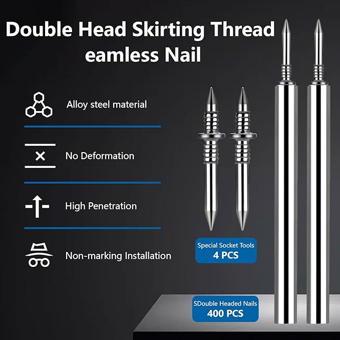 400 Pcs Double Headed Nails and Invisible Screws | Double-Head Skirting Thread Seamless Nail for Baseboard, Trim & Solid Wood