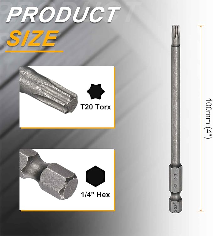 HARFINGTON 2pcs T20 Torx Head Screwdriver Bit 1/4" Hex Shank 4" (100mm) Long Magnetic No Hole Tip Tamper Proof 6 Point Star Screw Driver Drill Bits S2 Steel Industrial Power Screwdrivers