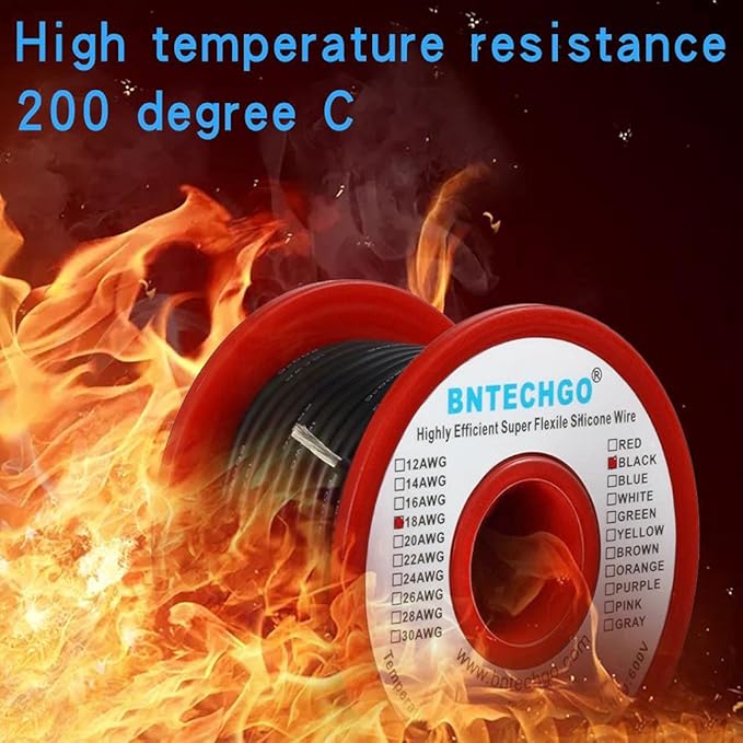 BNTECHGO 18 Gauge Silicone Wire Spool 50 ft Black Flexible 18 AWG Stranded Tinned Copper Wire