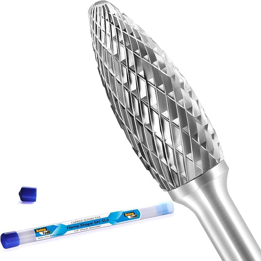SH-5L6 Tungsten Carbide Burr Rotary Lengthened File Flame Shape Double Cut with 1/4''Shank for Die Grinder Drill Bit