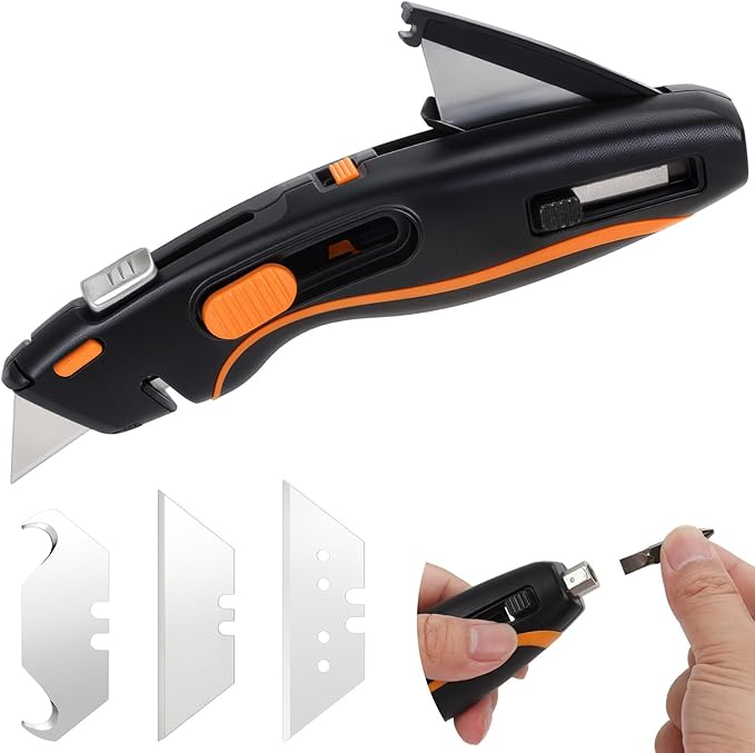Lizeonz Premium Multi-Function Utility Knife, Retractable Metal Heavy Duty Box Cutter, Lightweight Handle with Quick-Change Blade Holder, Built-in Screwdriver and Blade Storage (with 3 Blades)