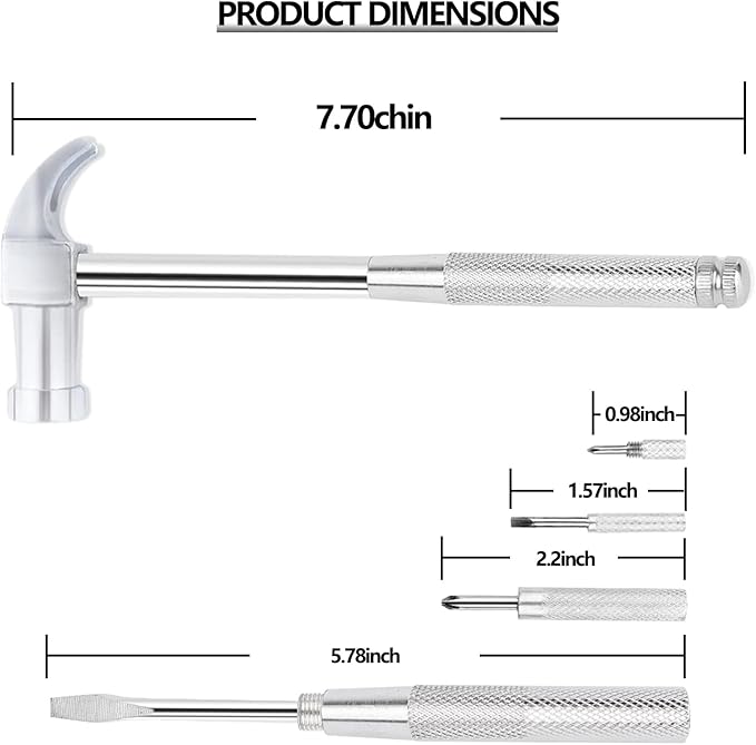 6-in-1 Multi-Purpose Hammer & Screwdriver Tool with Non-Slip Handle Slotted/Flat Head Phillips Screwdriver Mini Hammer for Opening Walnut, Home & Watchmaker Repair Tools (argent)