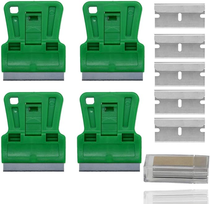 Mini Plastic Razor Blade Scraper Green Window Paint Scraper with 5 Spare Metal Razor Blades for Stove Top Wallpaper Label Removal