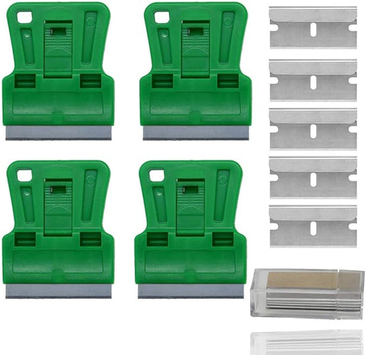 Mini Plastic Razor Blade Scraper Green Window Paint Scraper with 5 Spare Metal Razor Blades for Stove Top Wallpaper Label Removal