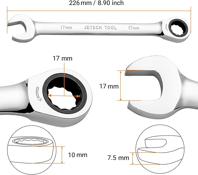 Jetech 17mm Ratcheting Combination Wrench, Industrial Grade Gear Spanner with 12-Point 72-Tooth Ratchet, Forged and Heat-Treated Cr-V Steel, Metric