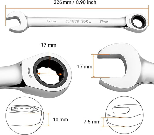Jetech 17mm Ratcheting Combination Wrench, Industrial Grade Gear Spanner with 12-Point 72-Tooth Ratchet, Forged and Heat-Treated Cr-V Steel, Metric