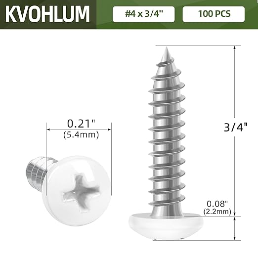 100 PCS #4 x 3/4" White Head Sheet Metal Screws, Pan Head Phillips Fast Self Tapping Screws, Round Head Wood Screws, Screwdriver Bit Included