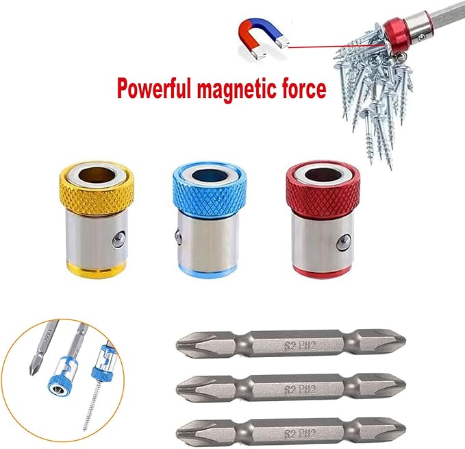 3-Piece Strong Magnetic Screw Ring Holder with 3-Piece Ph2 Screwdriver Head Set - Universal 1/4 Inch 6.35mm Hex Screwdriver Head