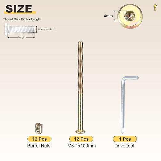 METALLIXITY Furniture Crib Screws Replacement Set with Wrench(M6-1x110mm) 24Pcs, Connector Bolt M6 Screw Barrel Nuts Binding Screws, for Chair Cabinet Bed, Yellow
