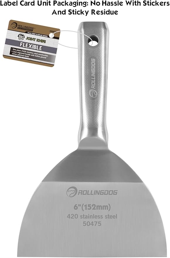ROLLINGDOG 6 inch Putty Knife - 420 Stainless Steel Spackle Knife Drywall Knife One Piece Mirror Polished Blade for Scraping Paint, Taping