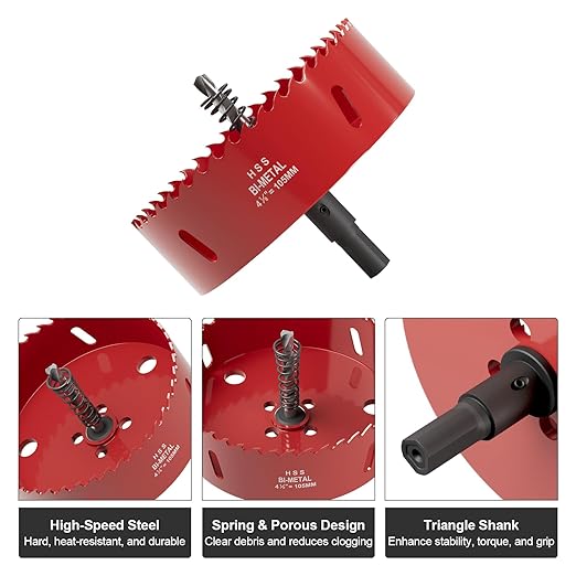 4-1/8" (105mm) Bi-Metal M42 High Speed Steel Hole Saw with Pilot Drill Bit, Smooth Cutting Edge for PVC, Drywall, Wood, Plastic, Gypsum Board, Rubber, Thin Metal