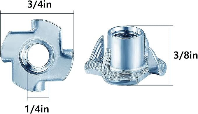 T-Nuts 1/4 * 20 (100 pcs), zinc Plated Steel, for Wood, Climbing Holds and cabinets