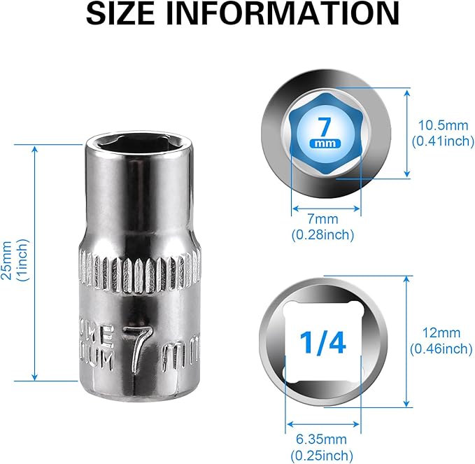 [13pcs] Durable 7mm Socket, 1/4 socket set,Shallow Socket 1/4 Inch Drive 7mm 6 Point, CORROSION RESISTANCE