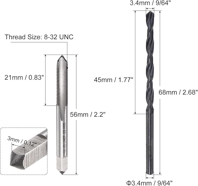 uxcell Tap and Drill Bit Set, 8-32 UNC Thread Tap & 9/64" Black Oxide Twist Drill Bit, Straight Flute Tap Tapping Threading Repair Tool Kit