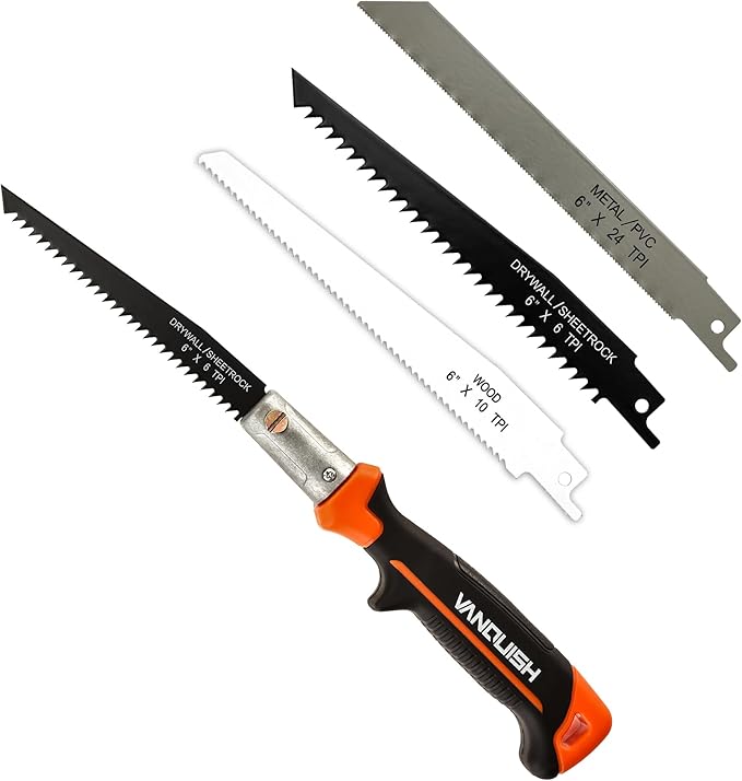 VANQUISH 3 in 1 Multi Blade Hand Saw, 6 inch Hacksaw with Replaceable Drywall Bi-Metal and Wood Blades for Cutting Metel, Drywall, Sheetrock, Wood, Plastic, Plywood 4869