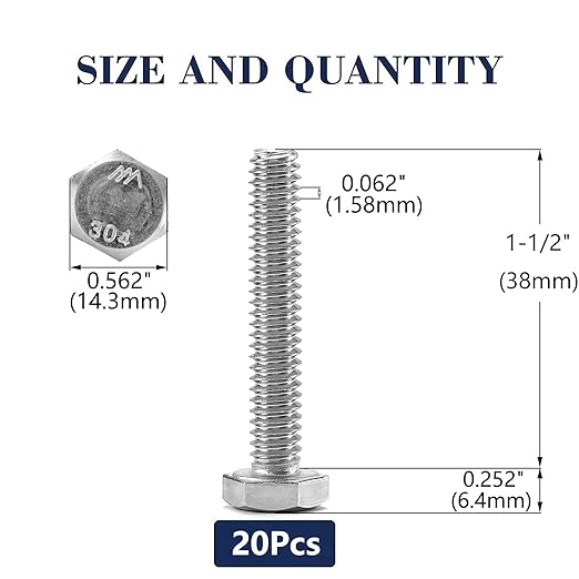 3/8-16 x 1-1/2" Hex Head Screw Bolt, 20Pcs 18-8 (304) Stainless Steel, Fully Threaded, Plain Finish, by SG TZH
