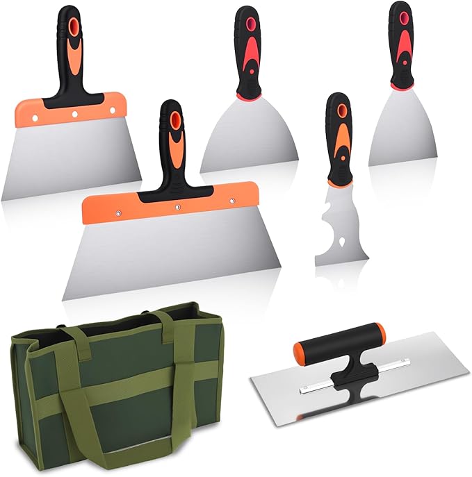 Drywall Knives Set, Paint Spatula with Bag and Plastic Handle, Rustproof Putty Spatula, Stainless Steel Putty Knife for Scraping Wallpaper and Drywall (7Pcs)