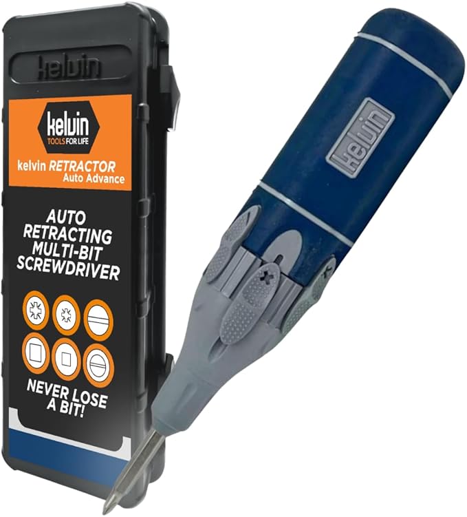 Kelvin Tools Retractor Auto Advance ??Automatic All-in-One Screwdriver, Multi-Head Autoloader 6-in-1 Bit Driver, Versatile Tool, Made in Canada (Navy/Grey)
