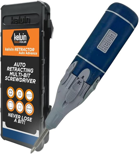 Kelvin Tools Retractor Auto Advance ??Automatic All-in-One Screwdriver, Multi-Head Autoloader 6-in-1 Bit Driver, Versatile Tool, Made in Canada (Navy/Grey)