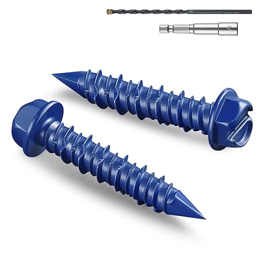 100Pcs 3/16 x 1-1/4 Inch Concrete Screws Anchor with Drill Bit, Blue Hex Head Masonry Brick Stucco Cement Block Screws, Diamond Point