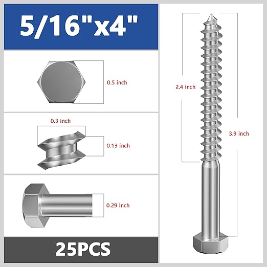 Lag Screws Wood Screws (25PCS, 5/16"x4", Silver) Hex Head Lag Bolts,(8x100) Heavy Duty Lag Screws,304 Stainless Steel Bolts 18-8