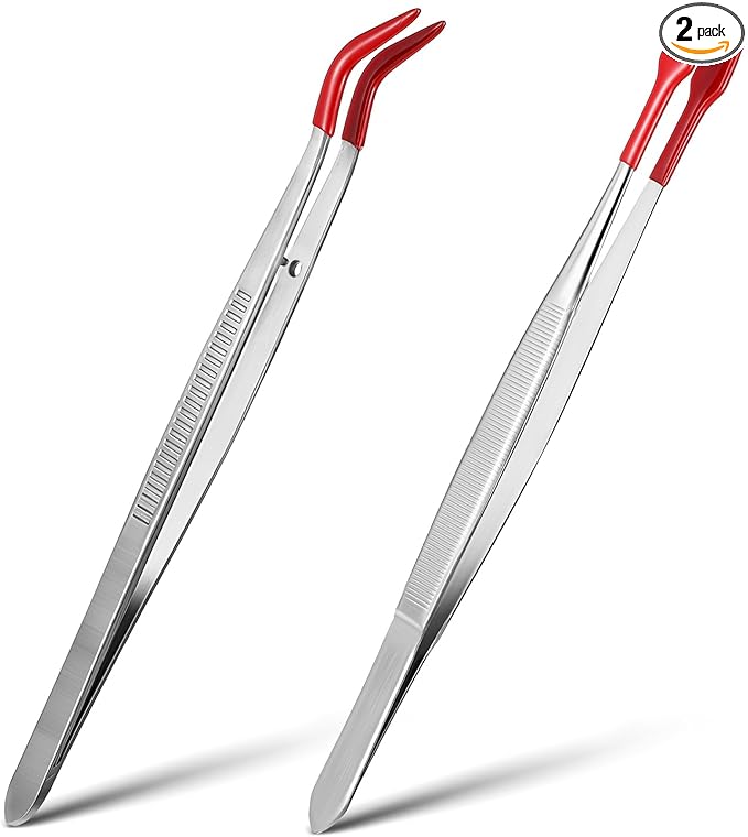 2Pcs Tweezers With Rubber Tips - Silicone Tipped Tweezer Set - Non Marring, Flat Tip, Long Tweezer for Stamp Coins, Jewelry, Crafts, Industrial & Electronic Tools (Red)