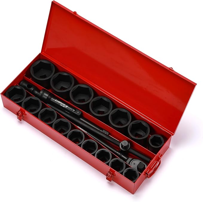 CASOMAN 21-Piece 1" Drive Jumbo Impact Socket Set, 6-Point, Shallow Large Socket Set, SAE (1-5/8" to 3-1/8"), Includes Extension Bars, Ratchet, CR-MO Steel