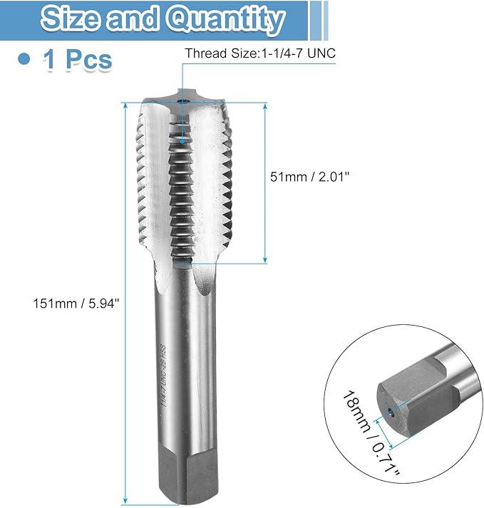 uxcell Hand Bottom Tap 1-1/4-7 UNC 2B Thread Bottoming Style Threading Taps High Speed Steel HSS6542 Straight Flutes Screw Tapping Tool