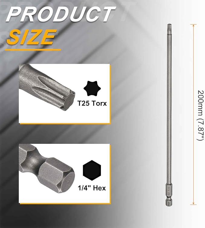 HARFINGTON 2pcs T25 Torx Head Screwdriver Bit 1/4" Hex Shank 7.87" (200mm) Long Magnetic No Hole Tip Tamper Proof 6 Point Star Screw Driver Drill Bits S2 Steel Industrial Power Screwdrivers