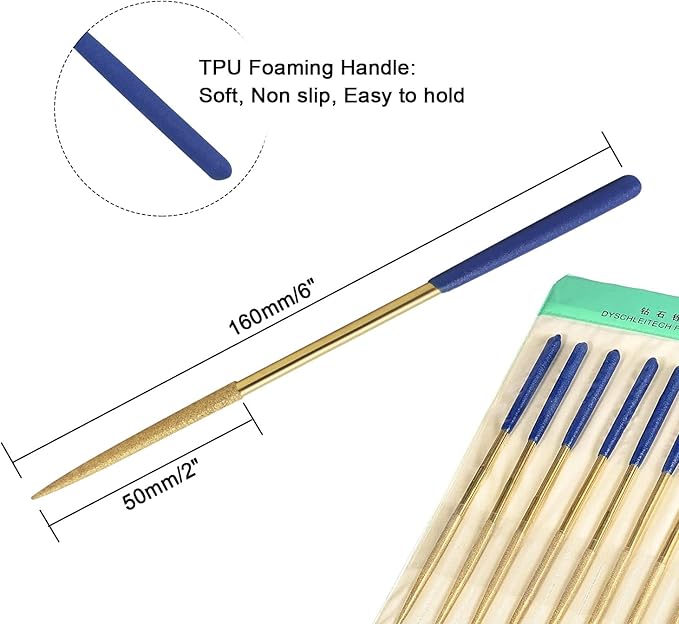 10 PCS Diamond Needle File (4mm x 160mm,150 Grit) Titanium Coated Mini Metal Files Oval Files for Precision Metal File Work Miniature DIY Jewelers/Glass/Ceramic