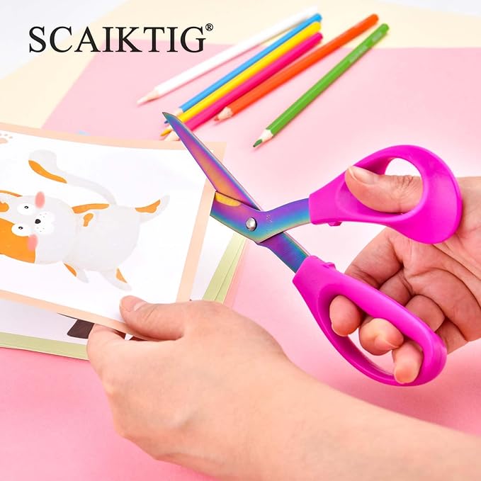 8.5??Bent Fabric Scissors All Purpose Sharp Heavy Duty, Bent Shears for Sewing Crafting Cutting Clothes, Felt, Leather, Paper Supplies, Pink Handle, Titanium Coating Blades