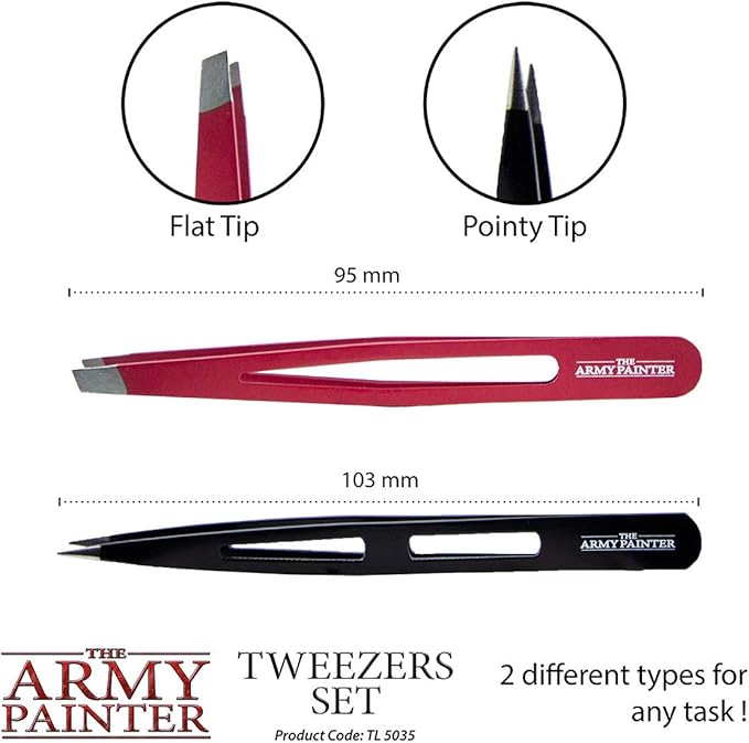 The Army Painter 2-Piece Precision Tweezers, Set of Slant & Pointy Tweezers, Craft Tweezers Precision Fine Point for Assembling Miniatures, Small Crafting Tweezers: 95mm Flat Tip & 103mm Pointy Tip