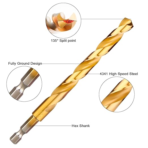 Hex Shank Drill Bits - Set of 5Pcs, 3/8 Inch Premium 4341 HSS Titanium Impact Hex Drill Bits for Wood, Steel, Metal, Plastic, Quick Change Design