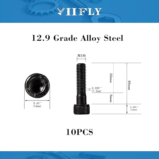 YIIFLY M10-1.5 x 40mm Socket Head Cap Screws, M10x1.5 Bolt,12.9 Grade Alloy Steel, Allen Socket Drive, Black Oxide Finish, Full Thread, Quantity 10