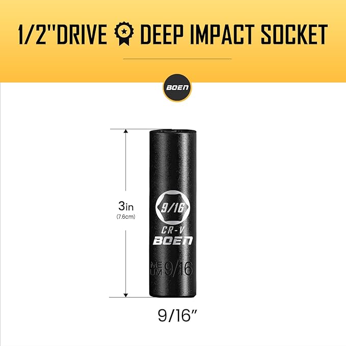 BOEN 1/2" Drive Deep Impact Socket,9/16 Inch Premium Socket,SAE,6 Point,Cr-V Steel with Laser Marking - Strong and Durable