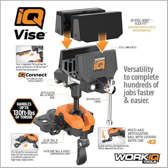 IQ Vise | 360° Articulating Bench Vise Made From Steel & Cast Aluminum w/ 8-Position Locking Ball & Socket | Woodworking Vise Handles Up To 130ft-lbs of Torque | Pipe Vise With Double Sided Jaws