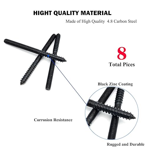8 Pack 3/8-16 x 5 Inch Black Hanger Bolts 3/8-16" Double Headed Bolts 3/8 Wood Dowel Screw Self-Tapping Screw Hanger Bolts for Furniture Screws Double Screw Threaded Rods Bolt 127mm Length