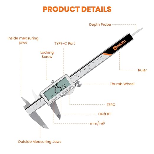 HARDELL Digital Caliper, Rechargeable Calipers with Large LCD Screen, Stainless Steel Caliper Measuring Tool, Auto-Off, Inch/MM/Fraction for DIY/Household/3D-printing