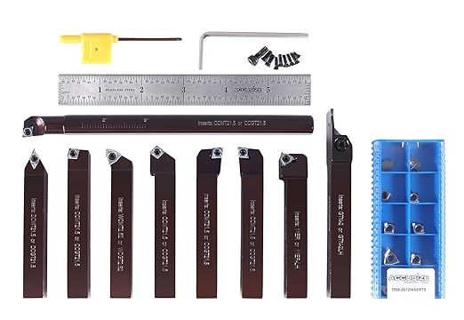 Accusize Industrial Tools 1/2'' Shank 9pc Indexable Carbide Turning Tool & Boring Bar Set for Cutting Aluminum, 3988??012
