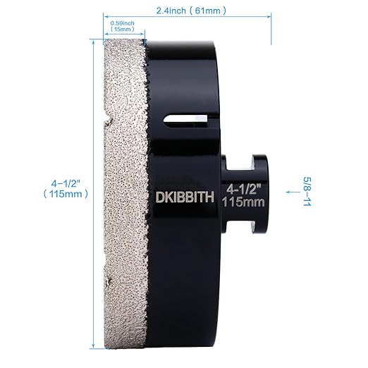 DKIBBITH 4-1/2in Dry Diamond Core Drill Bit, Tile Hole Saw for Ceramic Porcelain Granite Quartz Marble Tiles Stone Brick Glass Block with 5/8-11 Thread Fit Angle Grinders, 115mm Black