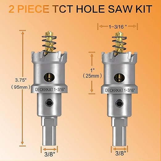 DECKRKAT 2-Pack 1-3/16" TCT Hole Saws for Hard Metal, Heavy Duty 30mm Tungsten Carbide Tipped Hole Cutters Set with Spring-Loaded Pilot Drill Bits for Stainless Steel, Metal, Iron, and Plastic.