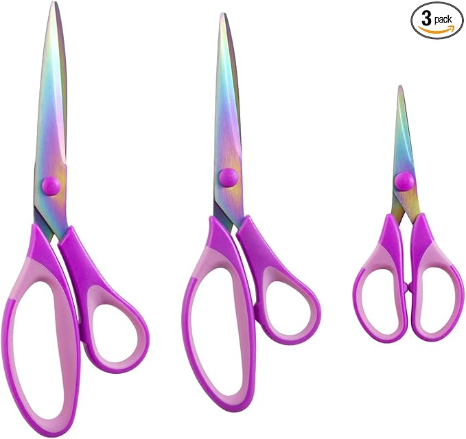 3PCS Purple Craft Scissors, Sharp Tailor Scissors, Titanium Blades Shears Rubber Soft Grip Handle, Multi-Purpose Fabric Scissors for Adults, Office, Sewing, School and Home Using